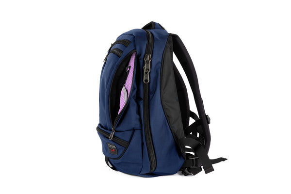 Side profile of Synik 22 in Deep Blue with Wisteria (pale purple with white grid) Halcyon interior.